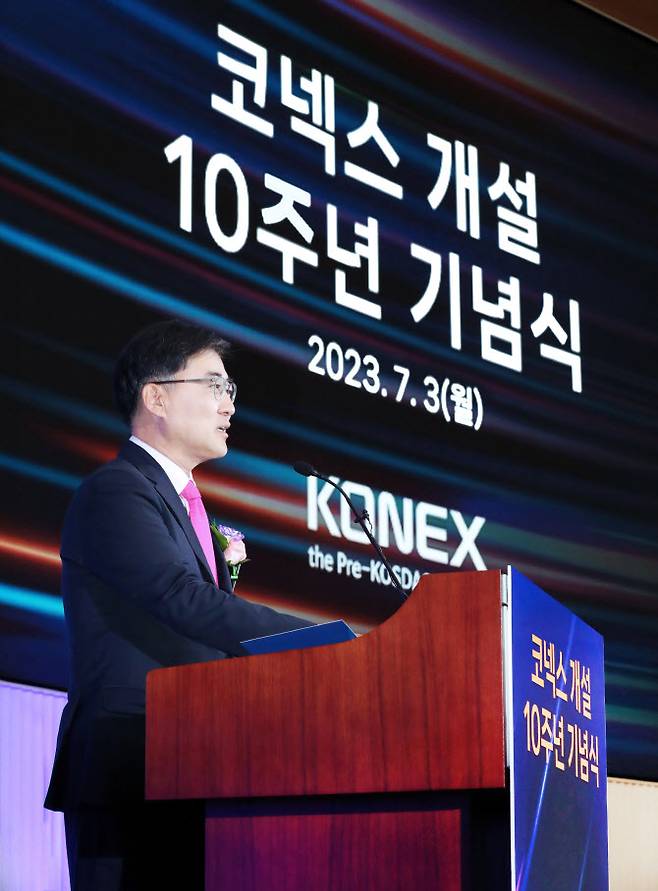 코넥스 개설 10주년 기념식에서 손병두 한국거래소 이사장이 기념사를 하고있다. (사진=한국거래소)