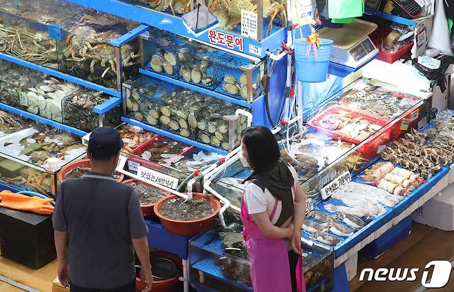 일본 후쿠시마 제1원자력발전소 내 방사성 오염수의 해양 방류계획에 관한 국제원자력기구(IAEA)의 검증 결과를 담은 최종 보고서가 4일 공개될 예정인 가운데 3일 오전 서울 동작구 노량진수산시장에서 상인들이 손님을 기다리고 있다. 2023.7.3/뉴스1 ⓒ News1 임세영 기자