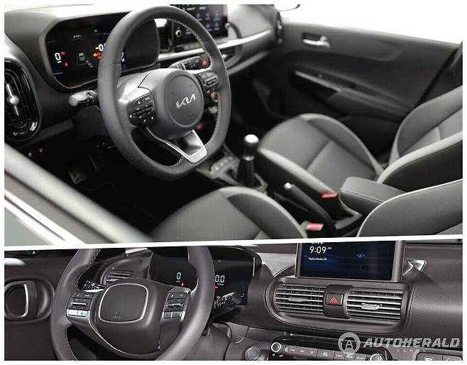 기아 모닝 부분변경 실내 예상(위) 이미지와 캐스퍼 대시보드(아래)