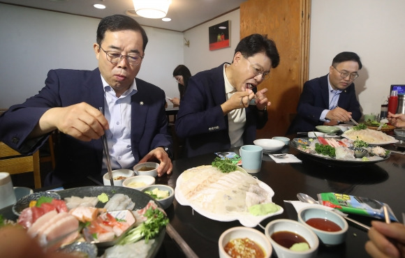 국민의힘, 수산물 오찬 - 국민의힘 소속 장제원(가운데) 국회 과학기술정보방송통신위원회 위원장 등 과방위 소속 여당 위원들이 3일 서울 동작구 노량진수산시장에서 일본 후쿠시마 원전 오염수 방류 문제로 어려움을 겪는 상인을 위로하기 위해 수산물로 오찬을 하고 있다. 뉴스1