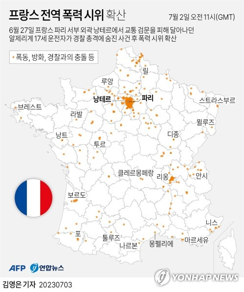 [그래픽] 프랑스 전역 폭력 시위 확산 (AFP=연합뉴스) 김영은 기자 = 0eun@yna.co.kr
    트위터 @yonhap_graphics  페이스북 tuney.kr/LeYN1