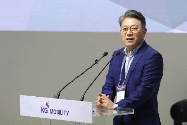 지난 3월 경기도 고양 킨텍스에서 열린 2023 서울모빌리티쇼에서 곽재선 KG모빌리티 회장이 인사말을 하고 있다. ⓒ데일리안 DB
