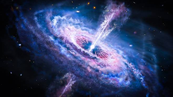 초기 은하 중심부에 자리한 초거대 질량 블랙홀 '퀘이사'를 표현한 일러스트. NASA, ESA.