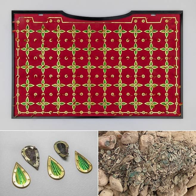 ‘경주 쪽샘 44호분’에서 출토된 ‘비단벌레 꽃잎장식 직물 말다래’의 재현품(사진 위), 비단벌레 날개로 만든 금동 장식물 실물과 재현품(아래 왼쪽), 비단벌레 날개 금동장식물 출토 장면(아래 오른쪽). ‘비단벌레 꽃잎장식 직물 말다래’는 사상 처음 발견된 것이다. 문화재청 제공