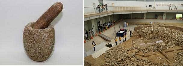 ‘경주 쪽샘 44호분’에서 출토된 돌 절구, 공이(왼쪽)와 44호분 발굴 모습. 국립경주문화재연구소 제공