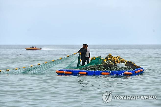 속초해수욕장 그물망 설치 작업 [속초시 제공.재판매 및 DB 금지]