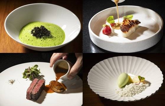 지난달 28일 서울 서초구 반포동 JW 메리어트 호텔 서울의 ‘더 마고 그릴’에서 열린 갈라 디너에서 파스칼 바흐보 셰프가 선보인 요리들. 사진 JW메리어트호텔 서울