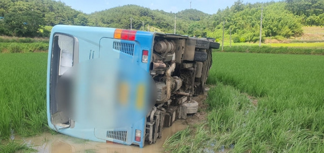 5일 오후 1시15분쯤 고흥군 과역면 신곡마을 앞 도로를 주행 중이던 군내버스가 논으로 전도 돼 7명이 중경상을 입었다. 뉴시스