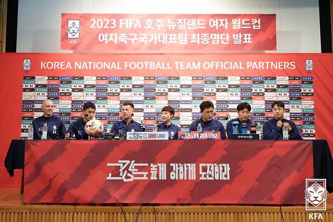 콜린 벨(왼쪽 세 번째) 감독이 2023 FIFA 호주·뉴질랜드 여자월드컵에 나설 여자 축구대표팀 최종 엔트리 23명과 예비 멤버 2명을 발표하고 있다. /사진=대한축구협회