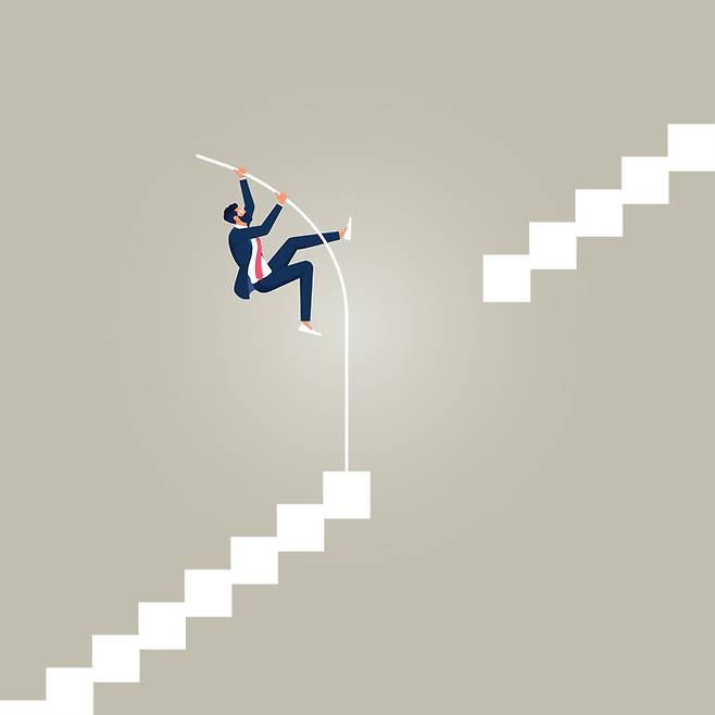 Businessman doing pole vaulting for success, Move forward despite barriers or boundaries, the way forward and overcoming obstacles concept