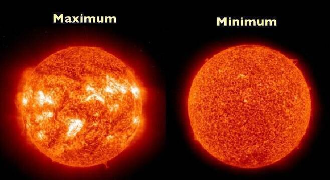 태양 극소기와 극대기의 태양 활동 모습
