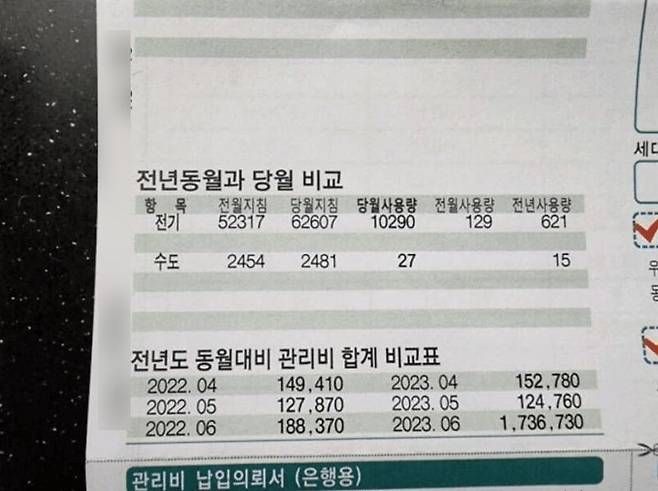 A씨가 공개한 관리비 명세서. /사진=온라인 커뮤니티