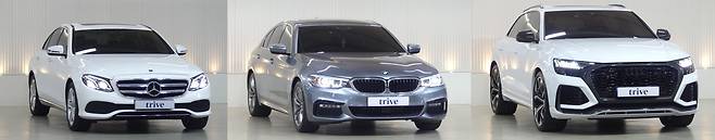 트라이브에서 보유하고 있는 차량들. 왼쪽부터 벤츠 e220d(2017년형), BMW 520d m 스포츠 스페셜에디션(2018년형), 아우디 RSQ8 4.0 TFSI 콰트로(2021년형)./홈페이지 캡처