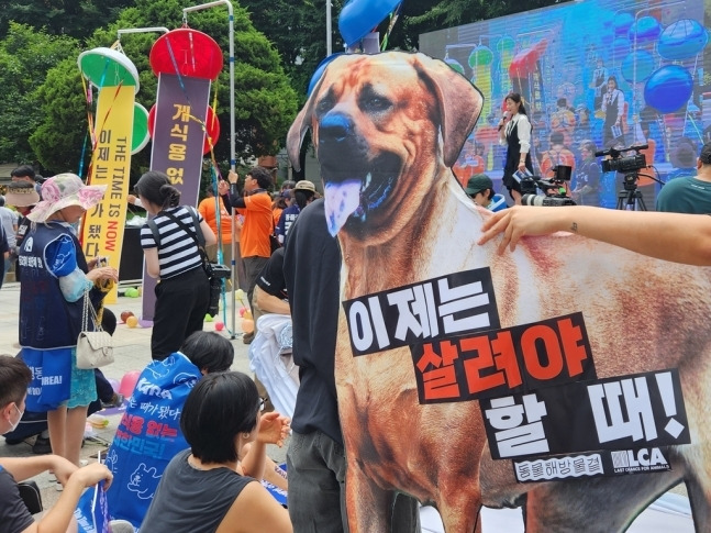 오늘(8일) 오후 서울 종로구 보신각 앞에서 '개 식용 종식을 위한 국민행동'이 주최한 '2023 개 식용 종식 촉구 국민대집회'가 열리고 있다. / 사진 = 연합뉴스