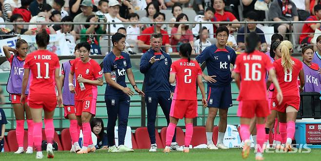 콜린 벨(가운데) 감독과 한국 여자 축구대표팀의 모습. /사진=뉴시스