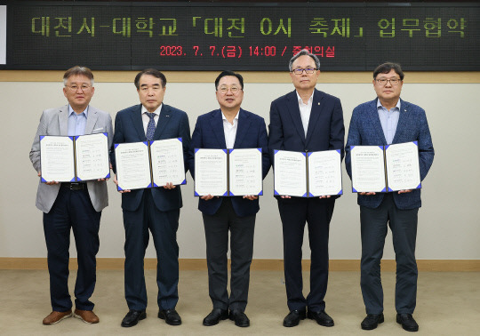 7일 대전시청에서 대전시와 대전지역 4개 대학이 '대전 0시 축제' 업무협약식이 열린 가운데 이장우(사진 가운데) 시장을 비롯, 4개 대학 총장·부총장들이 협약서를 들어보이고 있다. 사진=대전시 제공