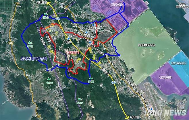 전남도는 ‘여수 율촌지구’ 개발사업 예정지역인 율촌면 산수리, 월산리, 조화리를 2026년 7월 10월까지 3년간 토지거래허가구역으로 지정한다고 밝혔다. 현황도=전남도
