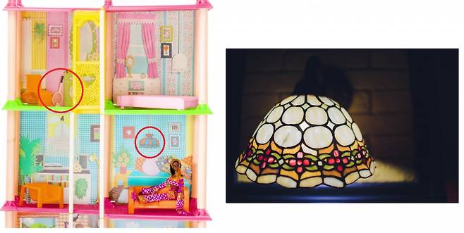 2층 천정에 매달린 램프(붉은 색 원)는 1980년대 유행한 티파니 램프 스타일이다. [마텔, 책 '바비 드림하우스: 건축적 연구', 123rf]