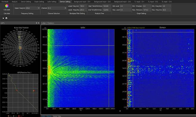 소나 신호분석 (Lofar-Demon) 프로그램의 분석 이미지. 삼성중공업 제공