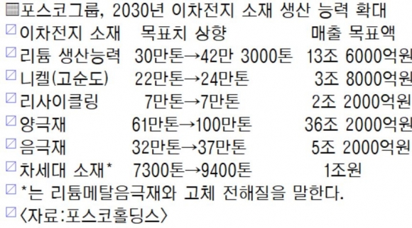 포스코그룹의 2030년 이차전지 소재 생산 능력 확대 계획