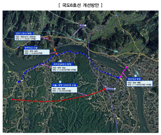 양평군이 2018년 발간한 '2030 양평군기본계획' 중 도로망 계획 지도. 양평군은 이 지도에서 서울-양평 고속도로(불은 선)의 종점을 강상면 소재 남양주IC로 표시했다. 자료 캡처.