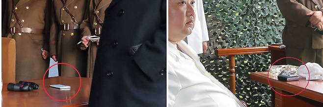 김정은 북한 국무위원장이 12일 신형 고체연료 대륙간탄도미사일(ICBM ) '화성-18형' 시험발사를 시찰한 현장에서 '폴더블 스마트폰'으로 추정되는 물체가 포착됐다(오른쪽 사진). 왼쪽 사진은 김 위원장이 지난 3월 9일 서부전선의 중요작전임무를 담당하고있는 화성포병부대의 화력습격훈련을 현지지도한 현장에서 포착된 흰색 일체형 스마트폰. /조선중앙통신 홈페이지 캡처