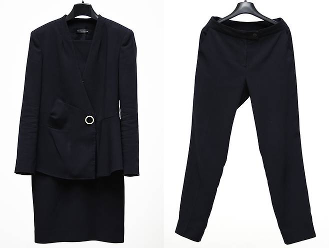 권희연씨(가명)가 호텔 재직 당시 지급받은 유니폼. 상의는 흡습성이 떨어지는 폴리에스터 소재에 허리가 타이트하게 재봉돼 착용감이 좋지 않았다. 엉덩이와 허벅지에 딱 달라붙는 H라인 치마는 끝단이 무릎 위로 한 뼘 올라올 정도로 짧았다. 결국 권씨는 사비 7만원을 들여 회사가 지정한 유니폼 판매 사이트에서 바지를 사 입었다. 성동훈 기자