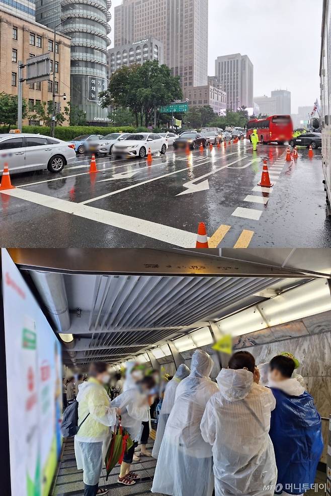 13일 서울 광화문 일대에 집회가 진행되면서 교통체증이 빚어졌다. 아래는 지하철 내부에 조합원들이 모여든 모습. /사진=김지은 기자