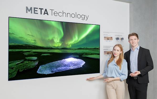LG디스플레이 모델이 '메타 테크놀로지'가 적용된 3세대 OLED TV 패널을 소개하고 있다. [LG디스플레이 제공]