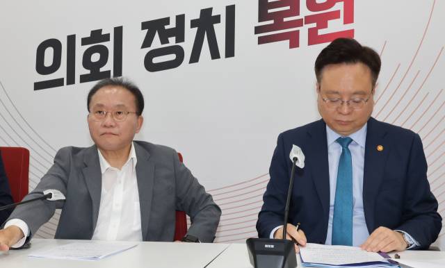 국민의힘 윤재옥 원내대표(왼쪽)와 조규홍 보건복지부 장관이 13일 오전 서울 여의도 국회에서 보건의료관련 현안점검회의에 이어 열린 결과 브리핑에 참석해 있다. 연합뉴스