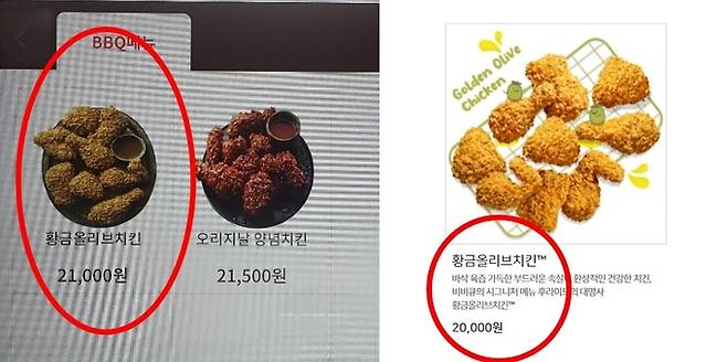 BBQ 국군수도병원·국군의무사령부 복지회관 지점이 2만1000원에 판매한 치킨은 BBQ 홈페이지에 2만원으로 표시돼 있다. 페이스북 페이지 ‘육군훈련소 대신 전해드립니다’·BBQ 홈페이지 캡처