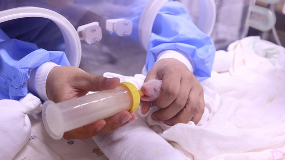 One of the twin pandas born on July 7 drinks from a feeding bottle filled with mom panda Ai Bao's milk. [SAMSUNG C&T]