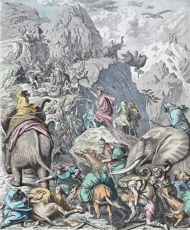 독일의 예술가 하인리히 로이트만이 1866년 그린 알프스를 넘는 한니발과 그의 군대. 한니발은 로마를 상대로 압도적인 승리를 거뒀음에도 로마를 점령하는 데는 주저했다.