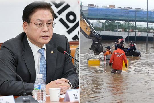 충북 청주시상당구 국회의원인 정우택(왼쪽) 국민의힘 국회부의장은 16일 SNS를 통해 장마 폭우피해 관련 "정부는 과하다 싶을 만큼 준비해야 한다"고 촉구했다. 오른쪽은 폭우로 침수된 청주시 흥덕구 오송읍 궁평2 지하차도 앞에서 16일 소방 관계자들이 실종자 수색작업을 하는 모습.<정우택 국회부의장 페이스북·연합뉴스 사진 갈무리>