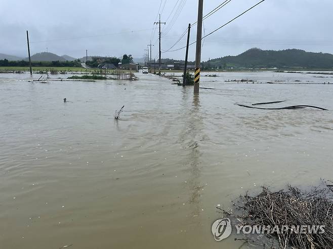 폭우에 잠긴 들판 (해남=연합뉴스) 16일 오전 전남 해남군 현산면 들녘이 폭우에 잠겨 있다. 2023.7.16 [독자 제공, 재판매 및 DB 금지] areum@yna.co.kr