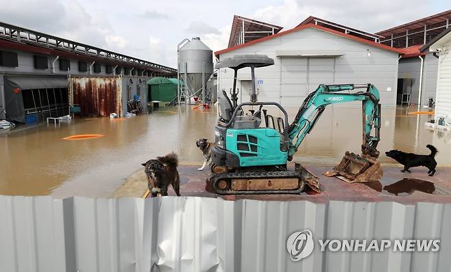 물에 잠긴 양계장 (논산=연합뉴스) 김준범 기자 = 나흘간 이어진 호우로 논산천 제방이 붕괴되어 물에 잠긴 충남 논산시 성동면 원봉리 한 양계장의 16일 오후 모습. 2023.7.16 psykims@yna.co.kr