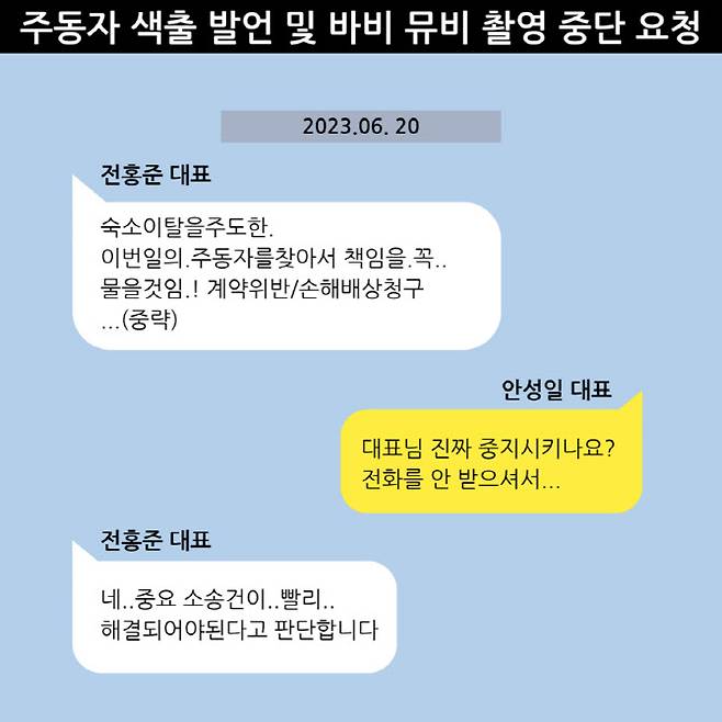 주동자 색출 발언 및 바비 뮤비 촬영 중단 요청(사진=더기버스)