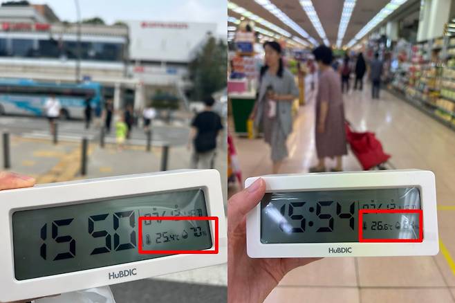 12일 찾은 롯데마트 서울역점 외부와 내부 온도 측정 모습. 내부온도가 외부온도보다 좀 더 높았다. /이신혜 기자