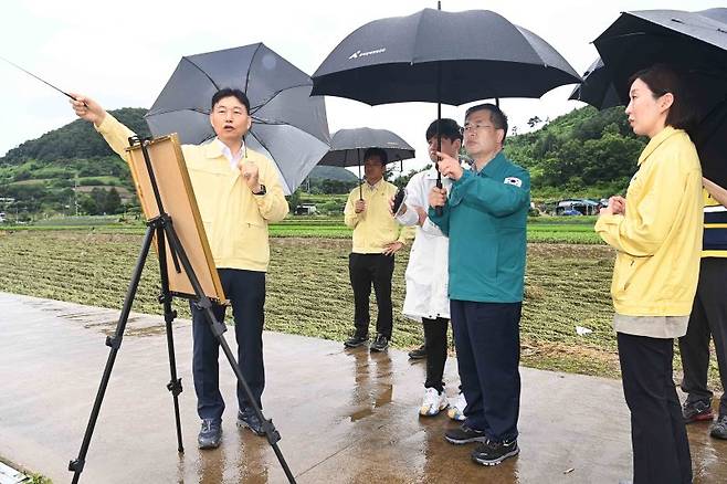 강경성 산업통상자원부 2차관이 18일 계속되는 호우로 인해 정전 피해를 입은 충북 충주시 살미면을 방문, 피해 현황 등을 점검하고 있다./연합뉴