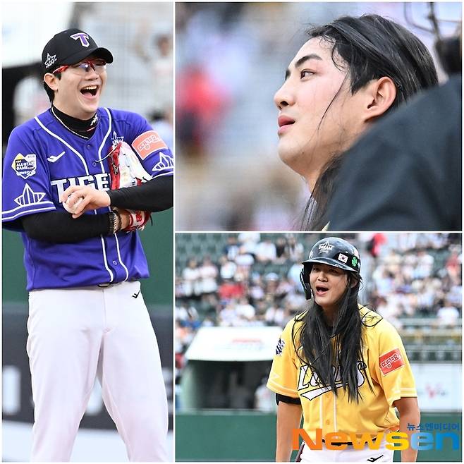 구자욱은 ‘뉴진스 하니(?)’(오른쪽 위 아래) 이때 마운드에 있던 나눔 선발투수 양현종이 ‘저게 뭐야’라며 함박 웃음을 짓고 있다.
