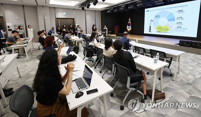 지역필수의료 살리기 위한 대한의사협회 전문가 긴급 기자회견 (서울=연합뉴스) 김도훈 기자 = 13일 오전 서울 용산구 대한의사협회에서 열린 '지역필수의료 살리기 위한 대한의사협회 전문가 긴급 기자회견'에서 시니어의사-지역공공의료기관 매칭사업TF 백현욱 위원장이 은퇴 후 진로 관련설문조사 및 매칭사업 활성화 방안에 대해 발표하고 있다. 2023.7.13 superdoo82@yna.co.kr