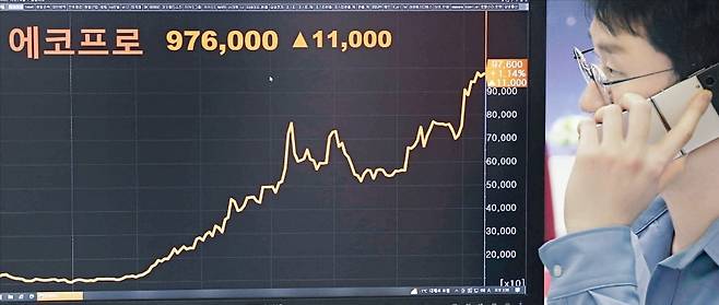 11일 에코프로 주가가 1.14% 오른 97만6000원에 거래를 마쳤다. 고평가됐다는 증권사들의 분석과 달리 개인투자자 매수세에 힘입어 전날 장중 100만원을 돌파하자 ‘한국판 게임스톱 운동’이 성공한 것 아니냐는 평가가 나온다. /김범준 기자