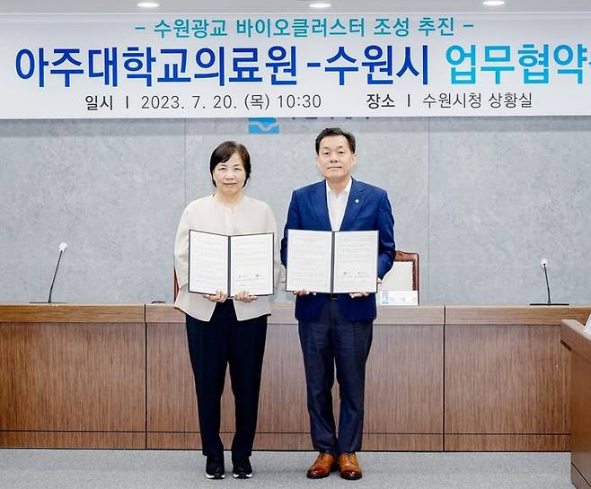 이재준 수원시장(오른쪽)과 박해심 아주대의료원장이 20일 협약 후 함께하고 있다.ⓒ수원시 제공