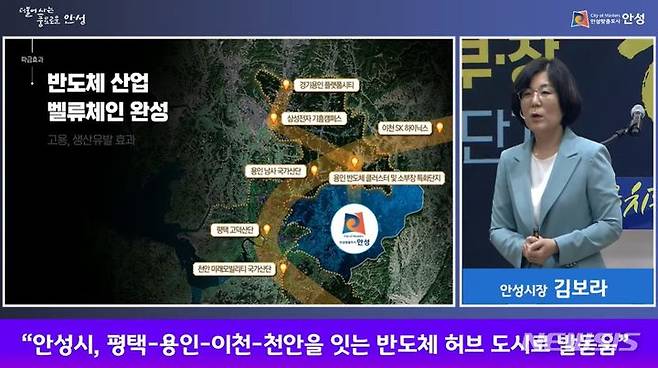 [안성=뉴시스] 김보라 시장이 반도체 소부장 특화단지로 지정된 안성시의 지리적 장점에 대해 설명하는 모습(유튜브 생봉송 화면 캠쳐)