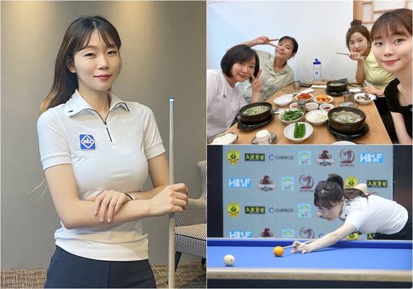 (왼쪽)당구용품회사 니즈(niz)와 훈련보조금 후원계약 후 기념사진 한 컷. (오른쪽 위)캄보디아 봉사활동 후 일명 '뽀삐쭈니' 멤버 스롱피아비, 이유주, 이하니 선수와 함께. (오른쪽 아래)지난 4월 베트남 페리컵 토너먼트 출전 모습. ⓒ김보라 선수 제공