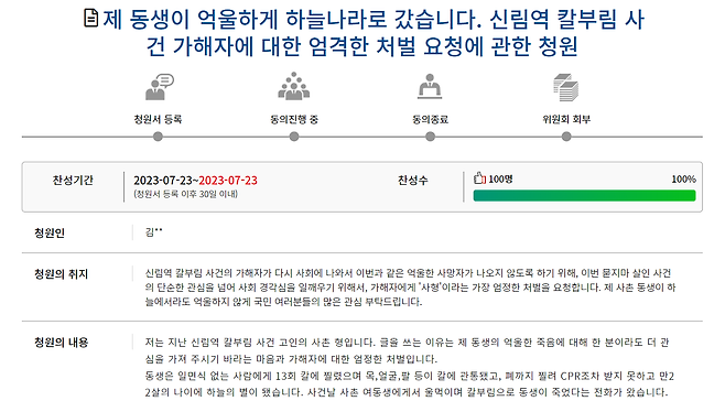 '신림역 묻지 마 칼부림 사건'의 피해자 사촌 형 김모(30)씨가 23일 국회 국민동의청원에 올린 청원 글. /국민동의청원 캡처