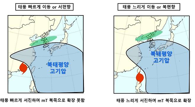 제5호 태풍 독수리 진로 및 속도에 따른 북태평양 고기압 확장 예상 모식도(기상청 제공) ⓒ 뉴스1