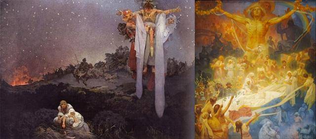 알폰스 무하, '슬라브 서사시 연작 1번 – 본향의 슬라브인들', 810x610cm, 1912년(왼쪽). '슬라브 서사시' 연작의 첫 번째 그림은 4-6세기 발트해와 흑해 사이의 습지에 살던 농민들이 게르만족의 공격을 받는 모습으로 시작한다. 알폰스 무하, '슬라브 서사시 연작 20번 - 슬라브 민족의 역사 찬미', 480x405cm, 1928년. 1차 세계대전에 참전한 국가들 앞에 선 슬라브 민족의 번영을 기원하는 의미가 담겨있다.