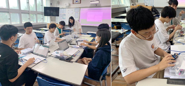 지난 22일 부산장안고 학생들이 학생 맞춤형 토요심화학습에 참가해 수경 자동재배 키트를 활용한 수위 센서를 만들고 있다. 김미희 기자