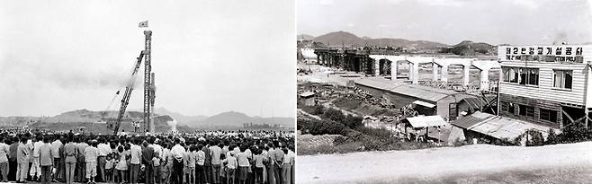 1962년 제2한강교의 기공식을 지켜보기 위해 많은 인파가 몰려 있다(왼쪽 사진). 1963년 9월 교각이 건설중인 제2한강교 공사 현장의 모습. [마포구·정부기록사진집]